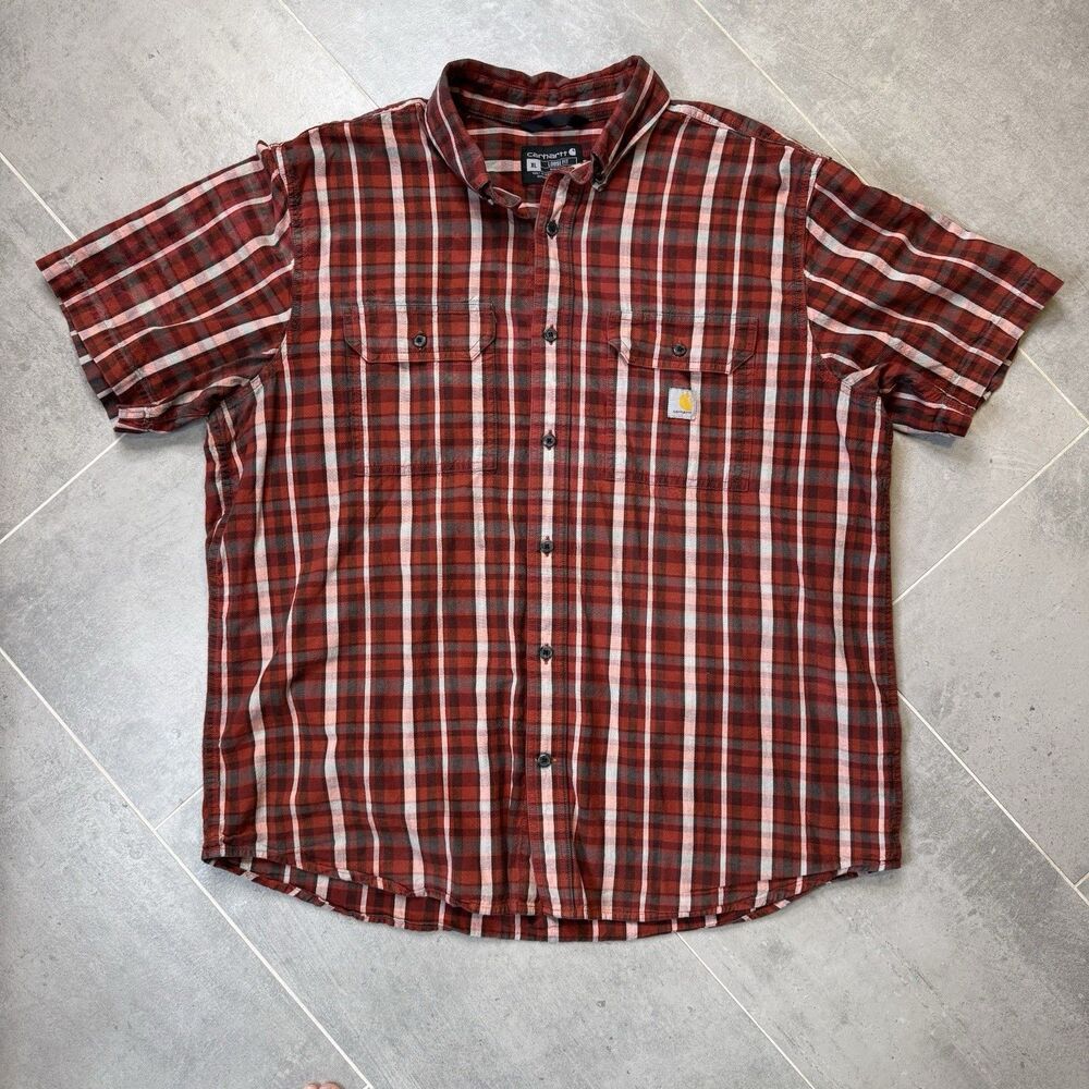 Carhartt Loose Fit Midweight Short Sleeve Plaid Shirt Men's XL Red Gray